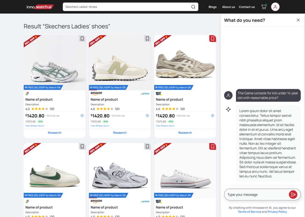 A screenshot of Innosearch's Product Search and Discovery UI. It shows the best deals aggregated from multiple retailers, as well as an assistant chatbot to answer any questions.