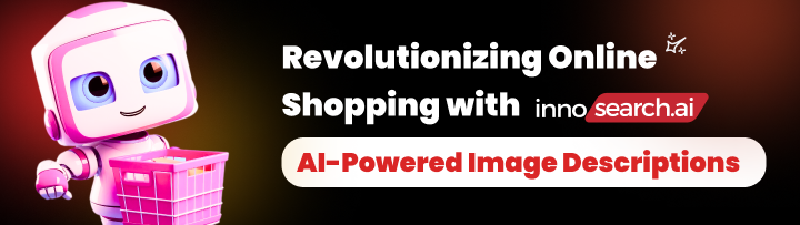 A cute cartoon robot holding a pink shopping basket smiles against a dark background, with bold white text reading "Revolutionizing Online Shopping with Innosearch.ai" and "AI-Powered Image Descriptions" in red text below it.