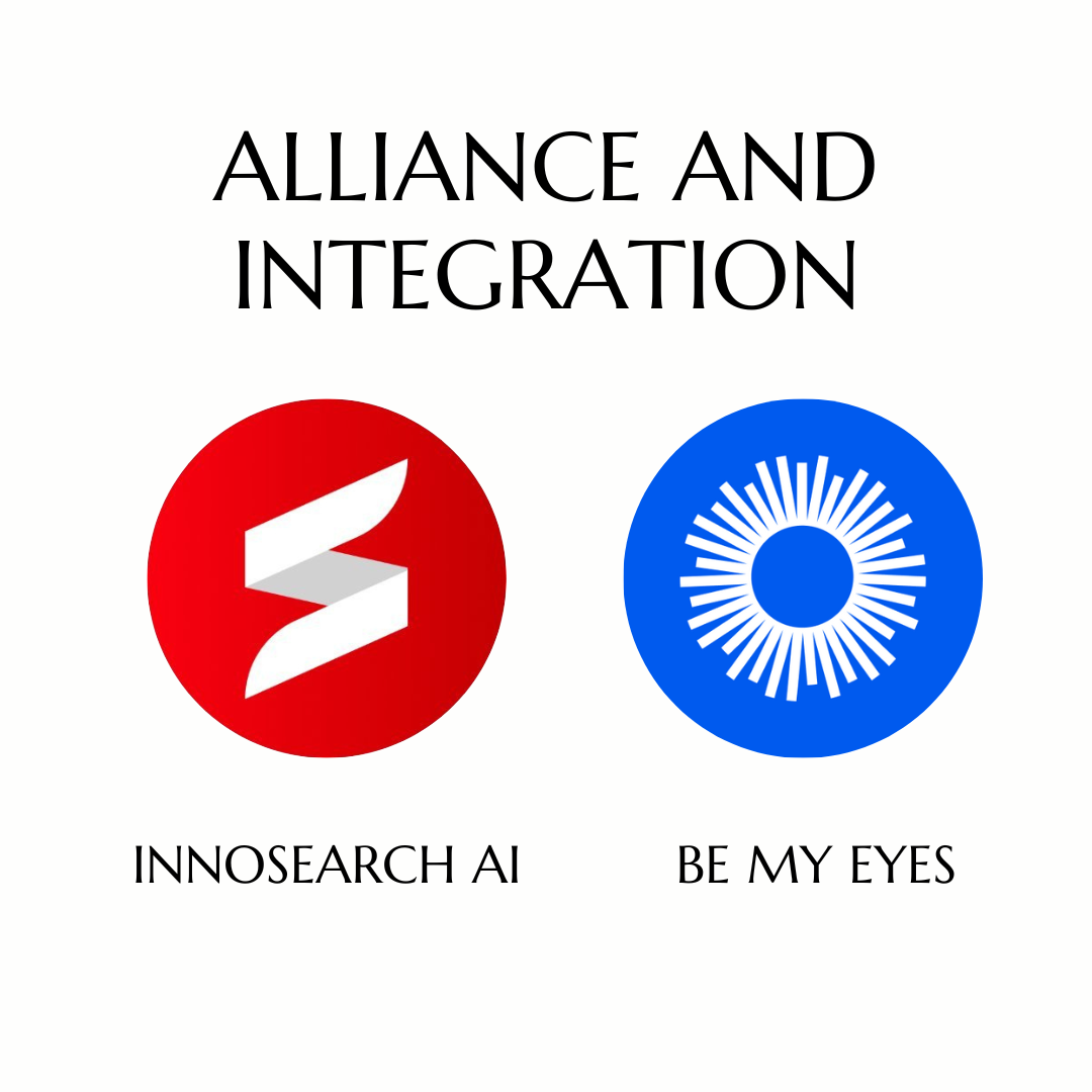 Innosearch AI and Be My Eyes logo with Text "Partnership and Intergration"